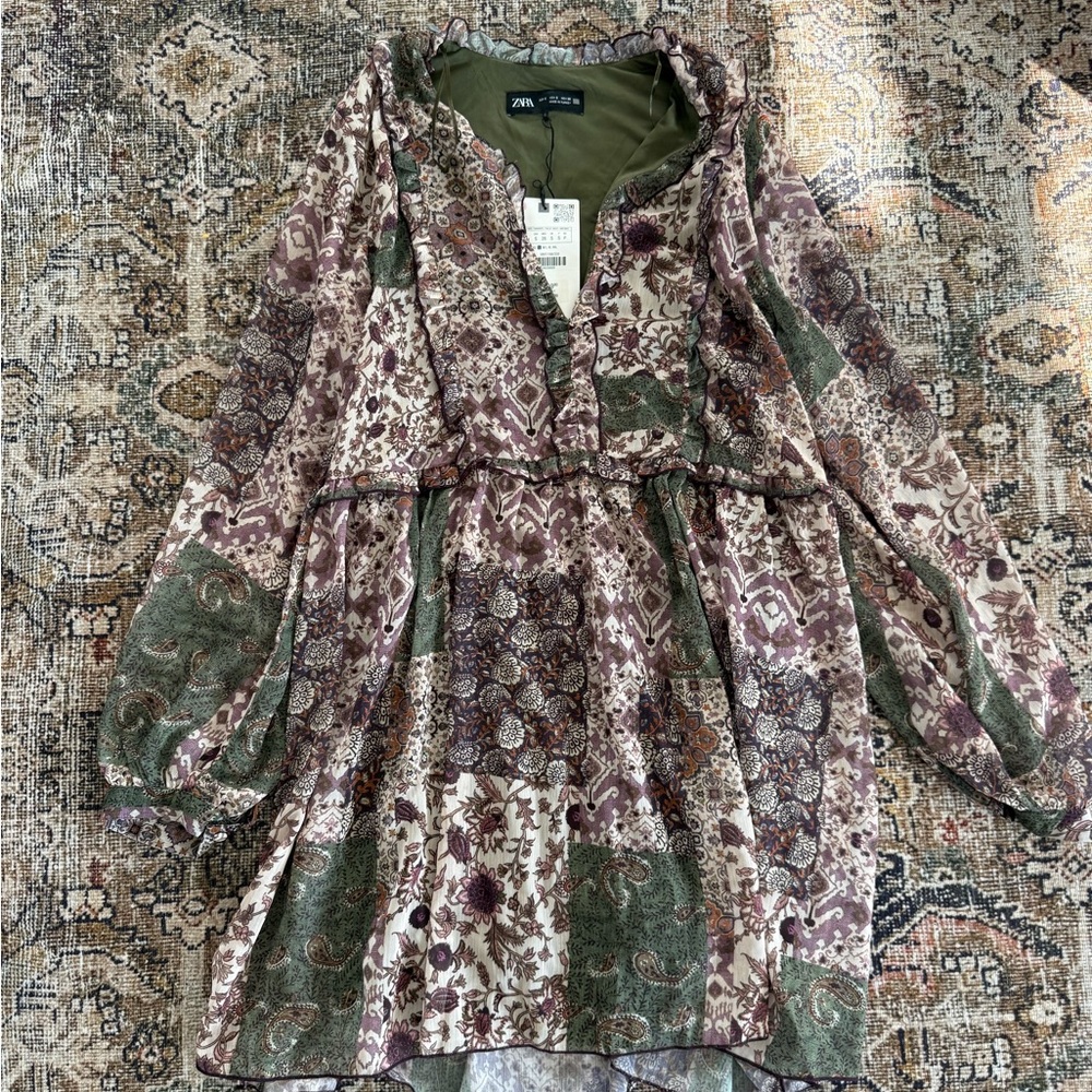 Zara Olive and Patterned Ruffle Blouse | only worn once